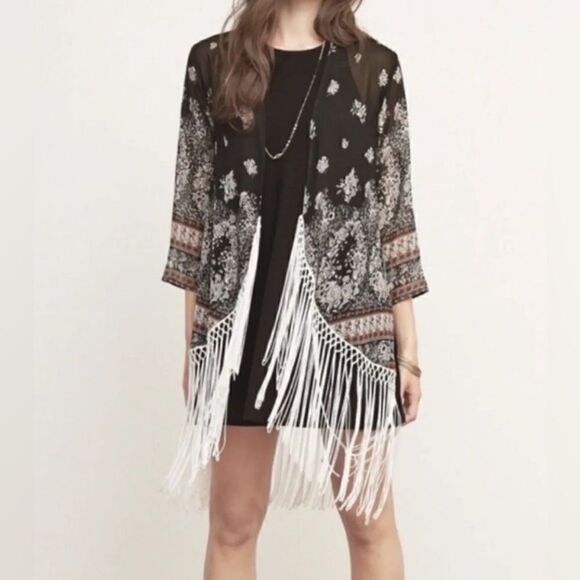 Abercrombie & Fitch Boho Cover Up Cardigan Black Floral Fringe Kimono Gypsy S - Picture 1 of 7